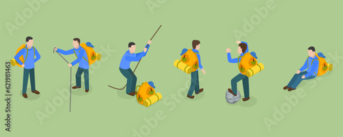 3D Isometric Flat Vector Set of Tourists or Travelers, Hiking or Climbing