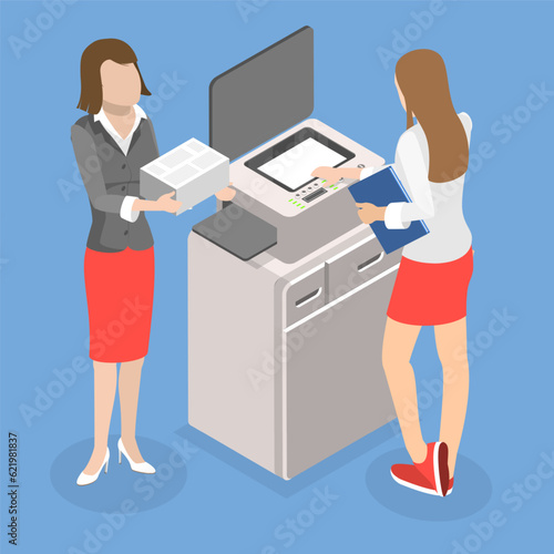 3D Isometric Flat Vector Conceptual Illustration of Paperwork With Printer, Office Multi-function Machine