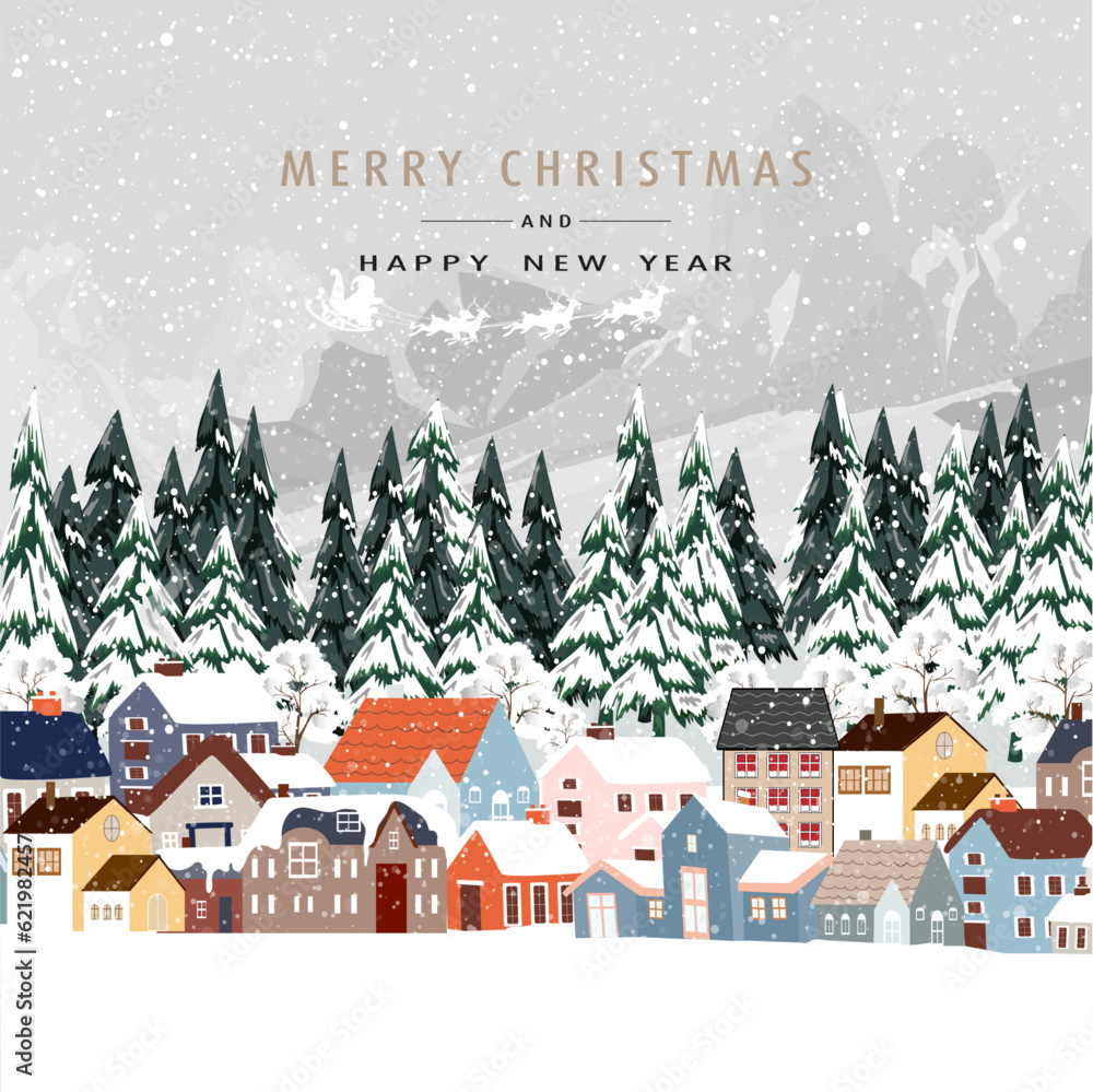 Christmas Background,Winter forest landscape in village,Fir Trees in Snowy day.Vector cartoon horizon coniferous forest with snow falling at night,Backdrop banner for Christmas,New Year 2024