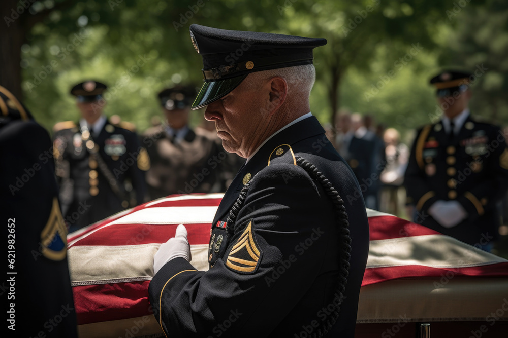 Obraz premium Veterans delivering caskets at a gravesite, Generative AI