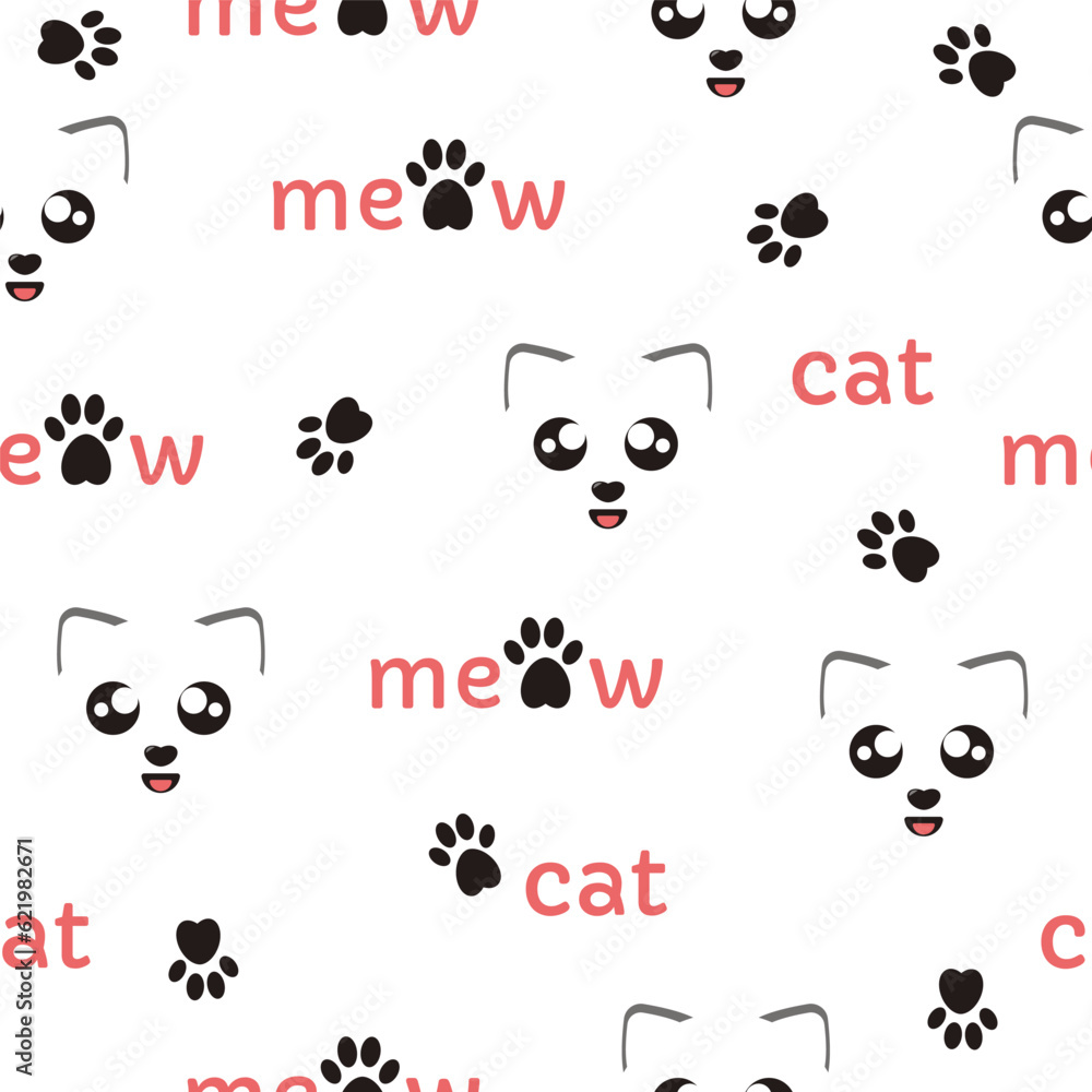 Vector seamless pattern. Funny muzzles of kittens with the inscription meow and cat. Сat paws Vector seamless pattern. Funny muzzles of kittens with the inscription meow and cat. Сat paws