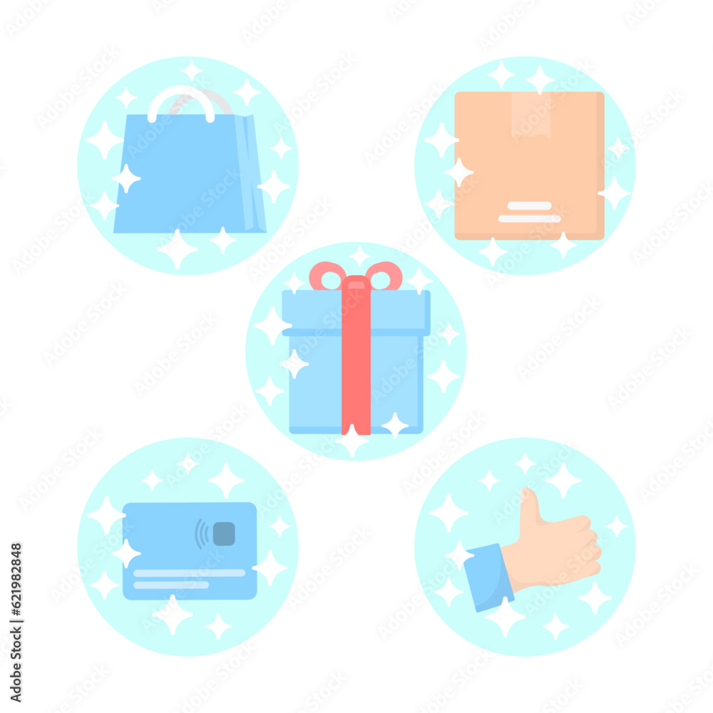 Set of shopping icons with sparkles on a white background. Blue and red. Flat design illustration. Vector graphics Set of shopping icons with sparkles on a white background. Blue and red. Flat design illustration. Vector graphics