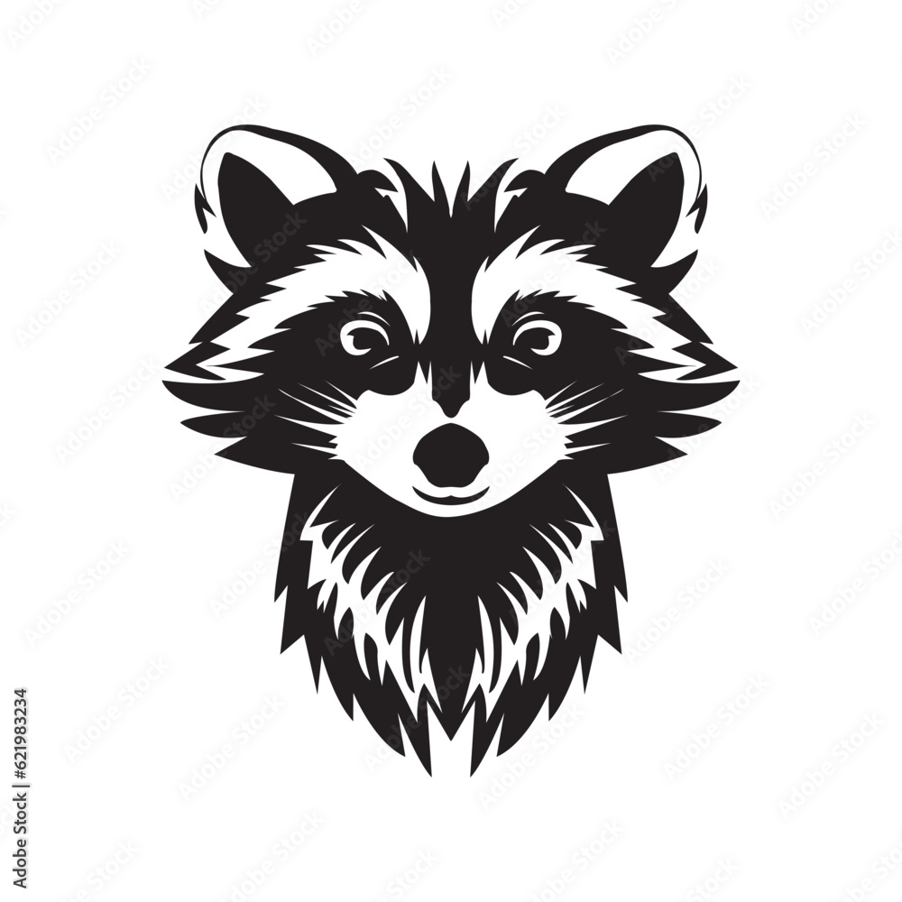 Cute muzzle of a black raccoon on a white background. Drawing, raccoon logo, icon.