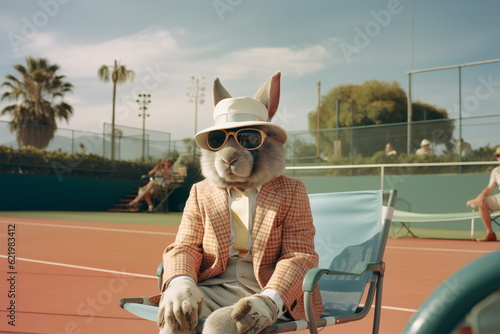 Illustration of easter Rabbit watching or judging tennis match. Funny scene with animal in casual clothes and sunglasses watch tennis sport. Generative AI. photo