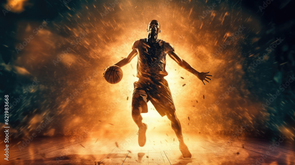 Fototapeta premium Flames of Basketball Fury. Striking Player in Action with Fiery Jersey on a Dark Court 
