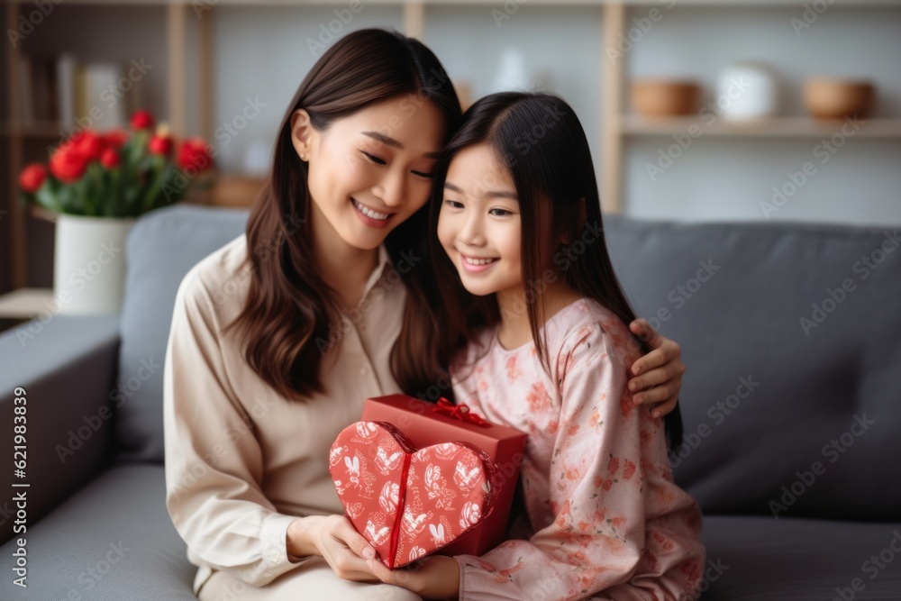 Congrats. 10 year old Asian daughter, 35 year old mother surprised by Mother's Day. hand-drawn red heart hand drawn card and a gift box for mom Sitting on white sofa at home. Congrats. 10 year old Asian daughter, 35 year old mother surprised by Mother's Day. hand-drawn red heart hand drawn card and a gift box for mom Sitting on white sofa at home.