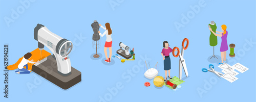 3D Isometric Flat Vector Conceptual Illustration of Sewing Workshop, Fashion Designer