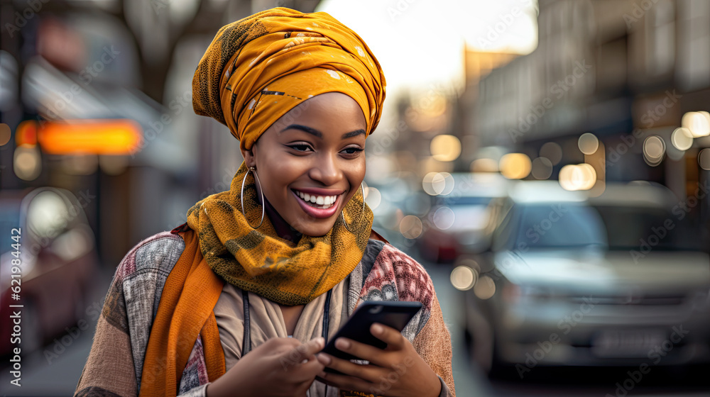 African woman reads good news from a smartphone screen while standing on the street. African woman reads good news from a smartphone screen while standing on the street.