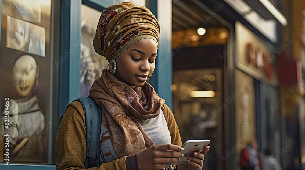 Happy young black woman in stylish clothes hold smartphone against urban background. Online shopping, web surfing, browsing internet