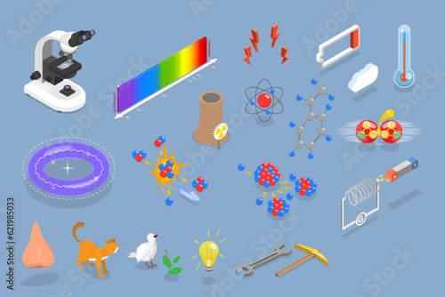3D Isometric Flat Vector Set of Physics Items, Science Elements