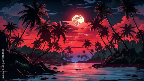Tropical Paradise: Moonlit Bay with Palm Trees Illustration
