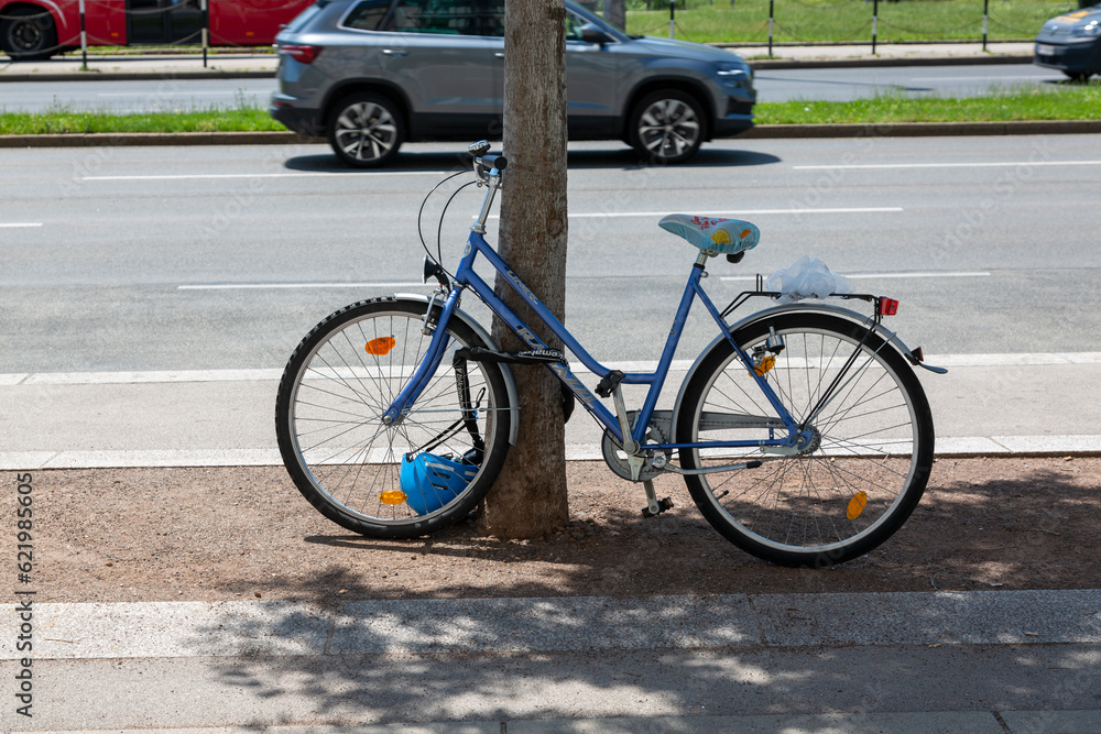 Fototapeta premium Bicycle tied to a tree near the road