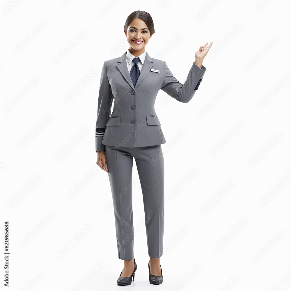 Stewardess isolated on white pointing up by finger