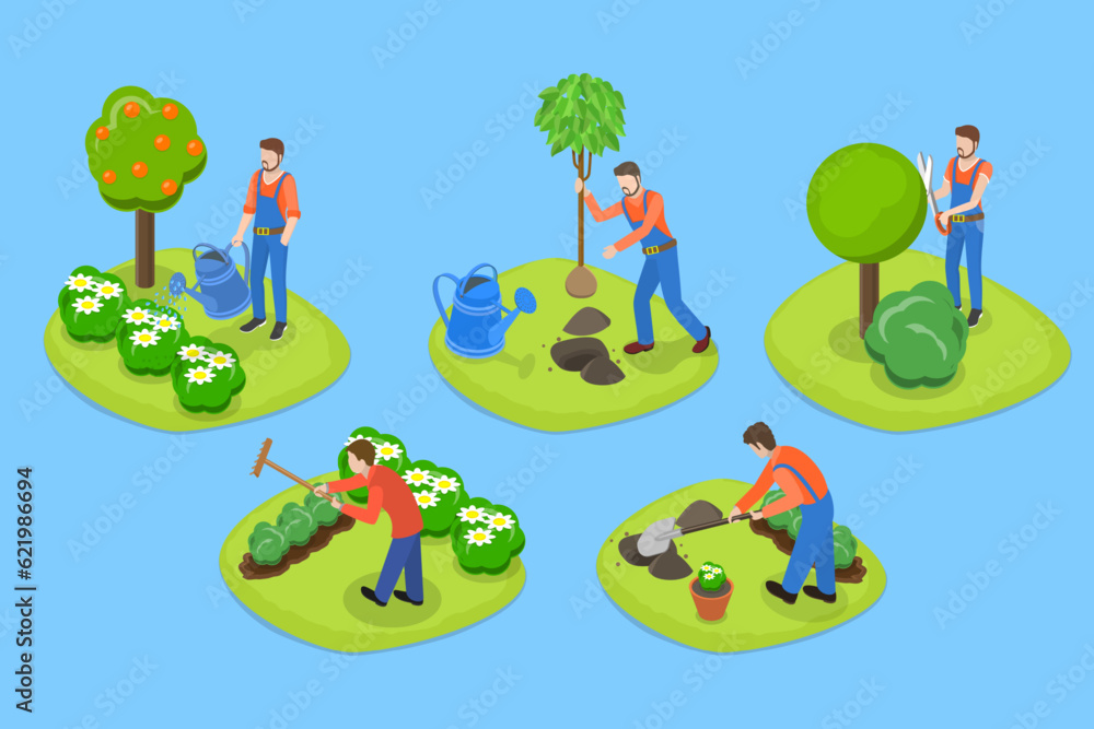 Obraz premium 3D Isometric Flat Vector Conceptual Illustration of Garden Landscape Worker, Backyard Landscaping