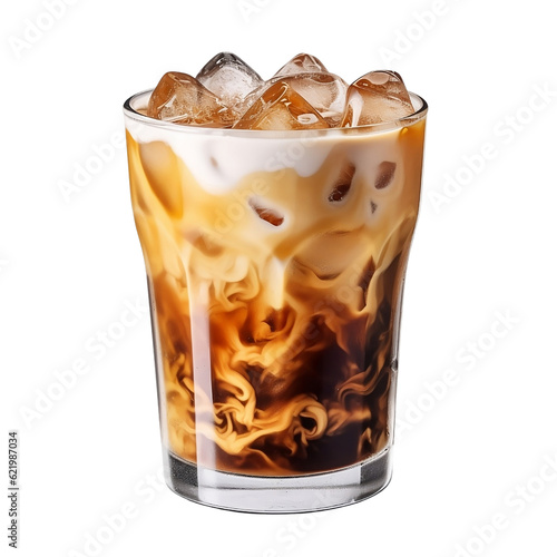Fototapeta Delicious iced coffee with ice cubes isolated on transparent background, cold ic