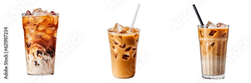Tableau sur toile Iced coffee cups isolated on transparent background, top side view, view from ab