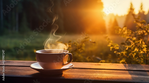 mug of coffee on wooden table on nature