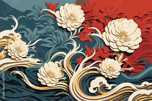 Waves in tropical colors and asian patterns, banner for Asian American and Pacific Islander Heritage Month (APAHM) in may	