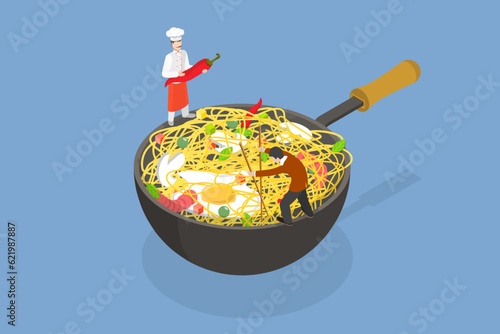 3D Isometric Flat Vector Conceptual Illustration of Asian Wok, Pan with Noodles