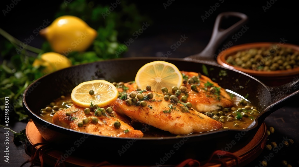 Fried fish fillet with green peas and lemon on wooden with black background