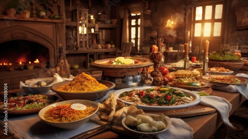 Traditional mexican food on a table in a rustic kitchen