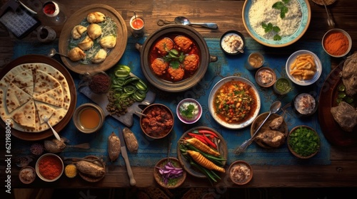 Asian food on a wooden table. Top view with copy space. Traditional asian cuisine