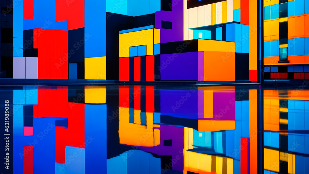 Vivid urban reflections dance against bold buildings and shimmering water in a minimalist abstract style
