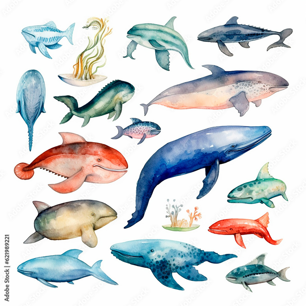 Naklejka premium fish set watercolor on a white background created with Generative Ai