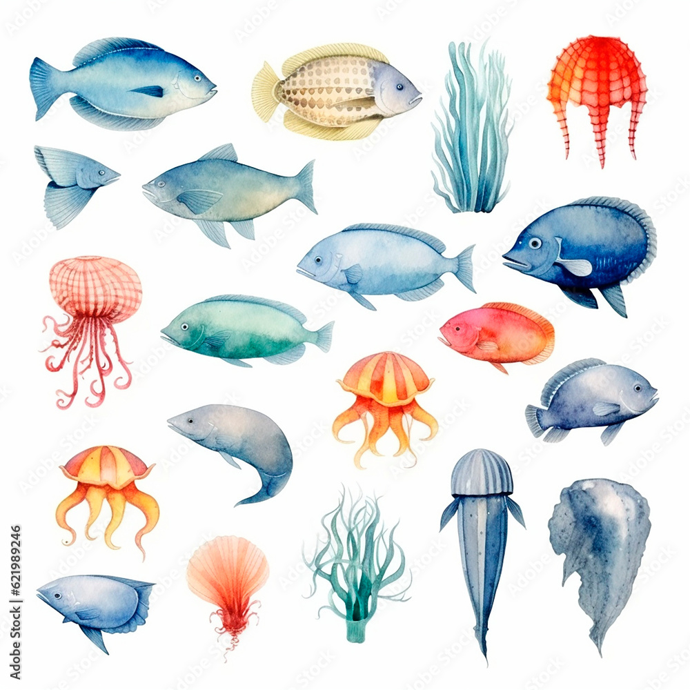 Fototapeta premium fish set watercolor on a white background created with Generative Ai