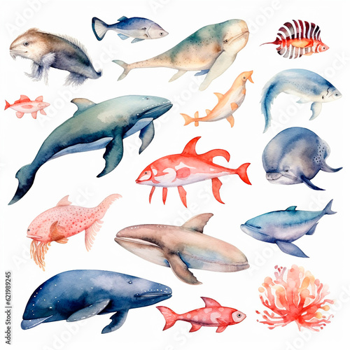 fish set watercolor on a white background created with Generative Ai