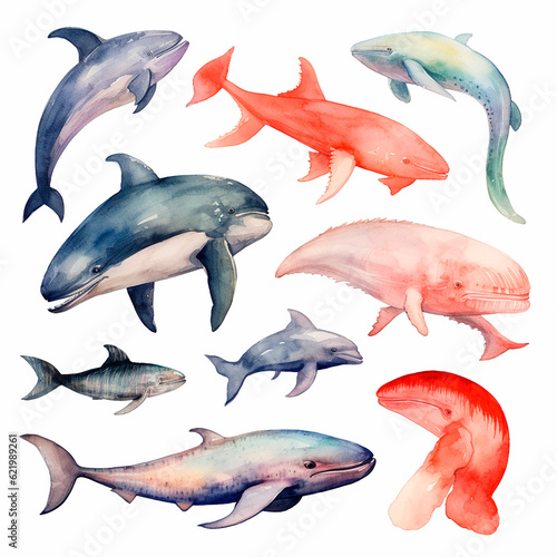 fish set watercolor on a white background created with Generative Ai