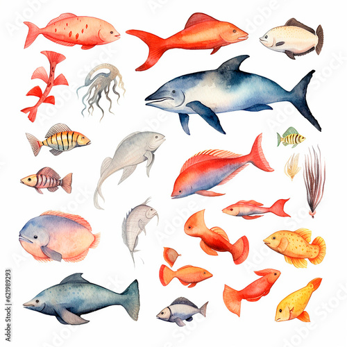 fish set watercolor on a white background created with Generative Ai