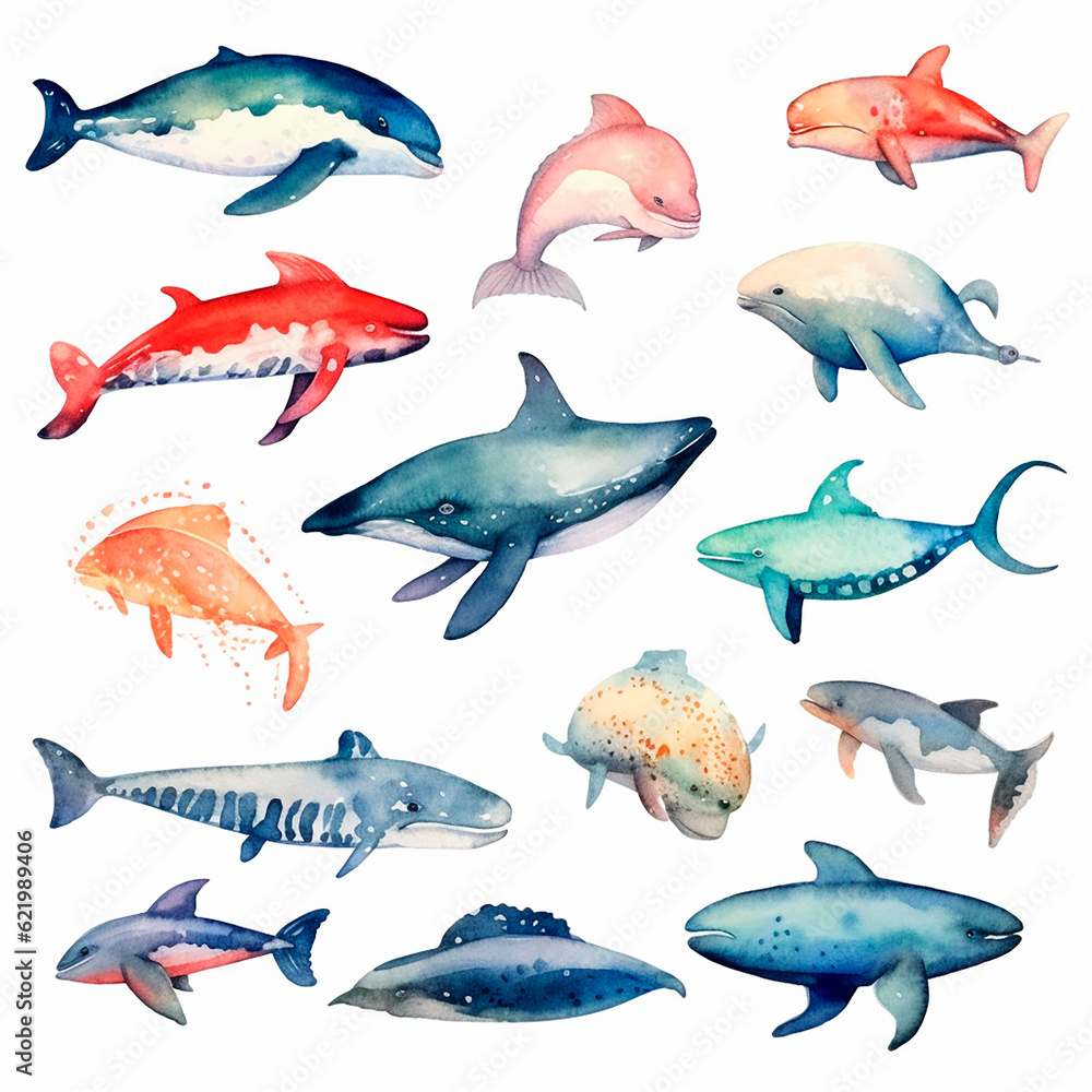 Fototapeta premium fish set watercolor on a white background created with Generative Ai