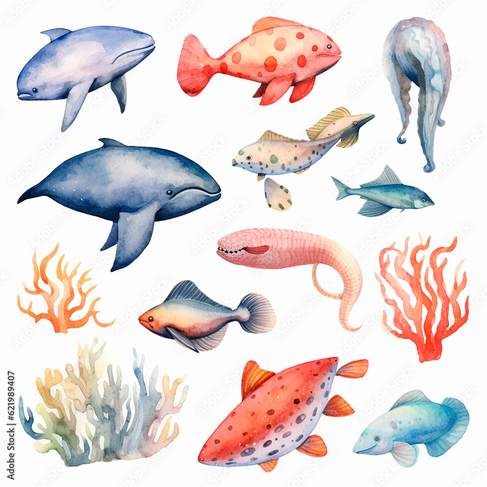 Naklejka premium fish set watercolor on a white background created with Generative Ai