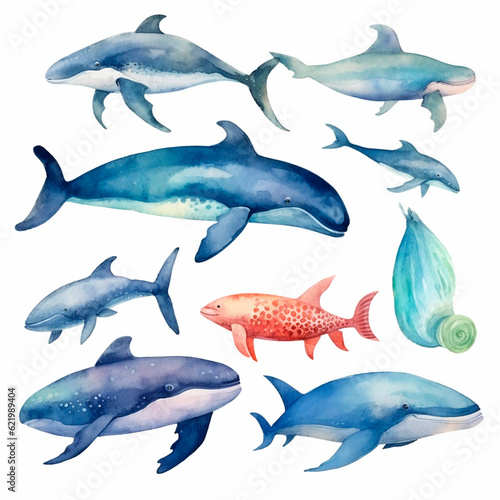 fish set watercolor on a white background created with Generative Ai