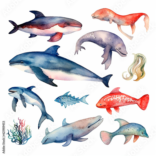 fish set watercolor on a white background created with Generative Ai