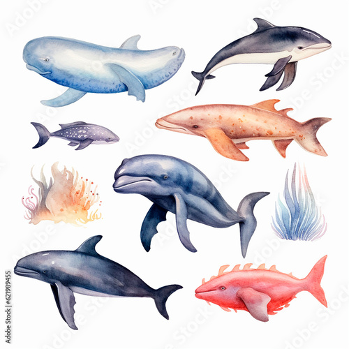 fish set watercolor on a white background created with Generative Ai