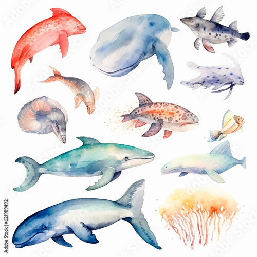 fish set watercolor on a white background created with Generative Ai