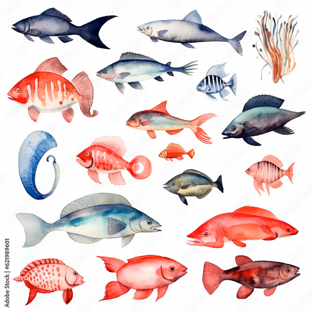 Fototapeta premium fish set watercolor on a white background created with Generative Ai