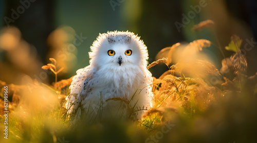 Fotografia Cute fluffy white owl, beautiful Backlight, early september morning, wildlife ph