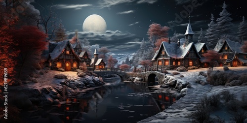 Chrismas scene, full moon and x-mas tree on a winter night, created wth generative ai