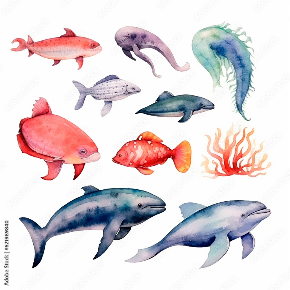 fish set watercolor on a white background created with Generative Ai fish set watercolor on a white background created with Generative Ai
