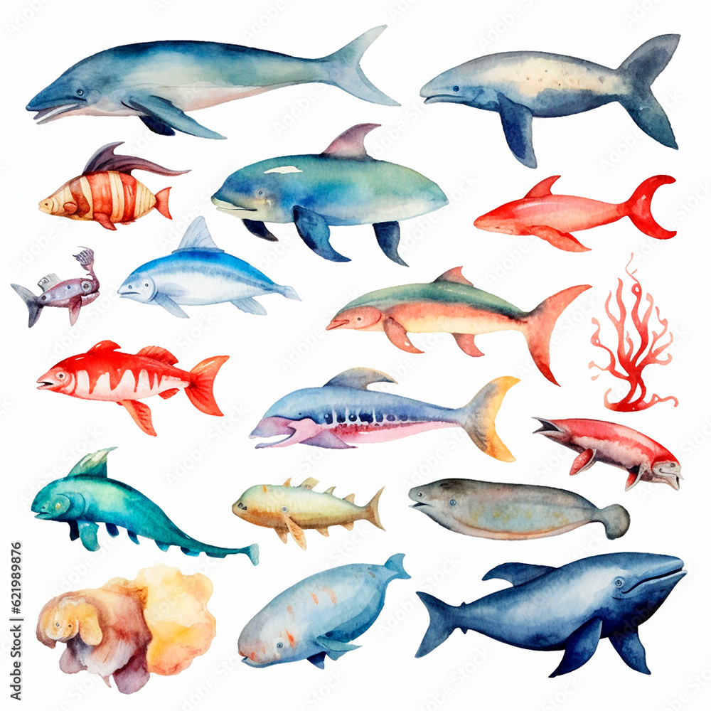 fish set watercolor on a white background created with Generative Ai fish set watercolor on a white background created with Generative Ai