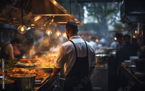 The chef is cooking in a bustling restaurant kitchen, Generative Ai