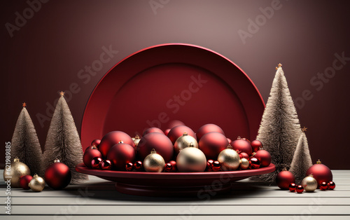 a red plate with christmas balls and ornaments on it, sitting on a white wooden table with luxury Christmas trees, Luxury Christmas product background wallppaer photo