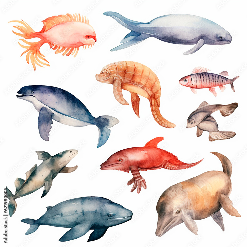 fish set watercolor on a white background created with Generative Ai fish set watercolor on a white background created with Generative Ai
