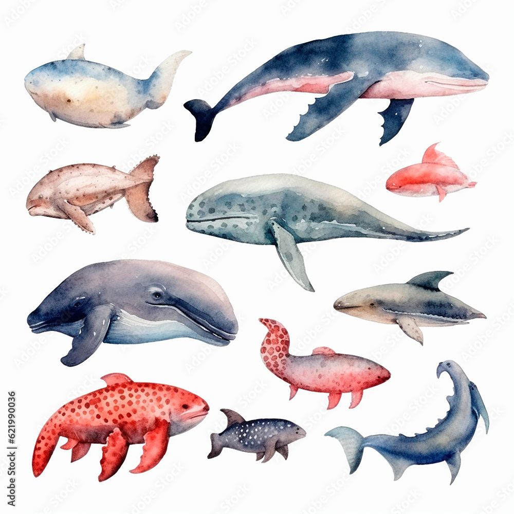 Naklejka premium fish set watercolor on a white background created with Generative Ai