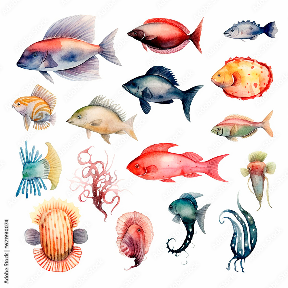 Fototapeta premium fish set watercolor on a white background created with Generative Ai