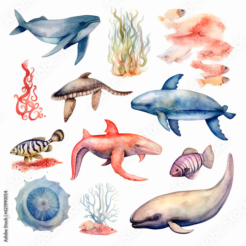 fish set watercolor on a white background created with Generative Ai