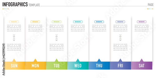 Rectangular paper origami timeline weekly infographic template or element with 7 day, step, process, option, colorful rectangle, bar, column, arrow, minimal style for sale slide, agenda, schedule, web